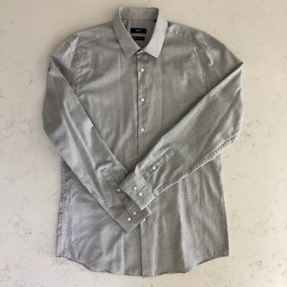 Hugo Boss Other - Boss Hugo Boss Isko Slim Fit Button Down Cotton Shirt Black + White Sz 16.5 NWOT